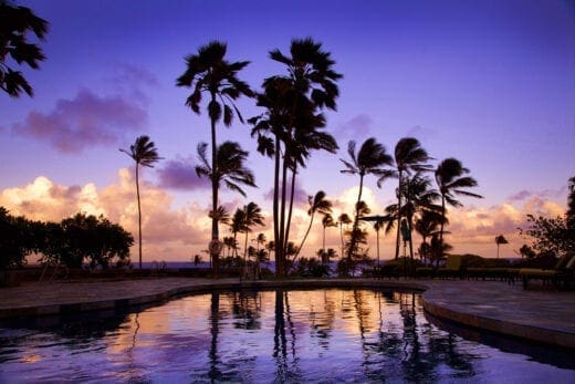 Wailua Bay Sunset Palm trees silhouette against a purple sunset sky by a tranquil resort pool.