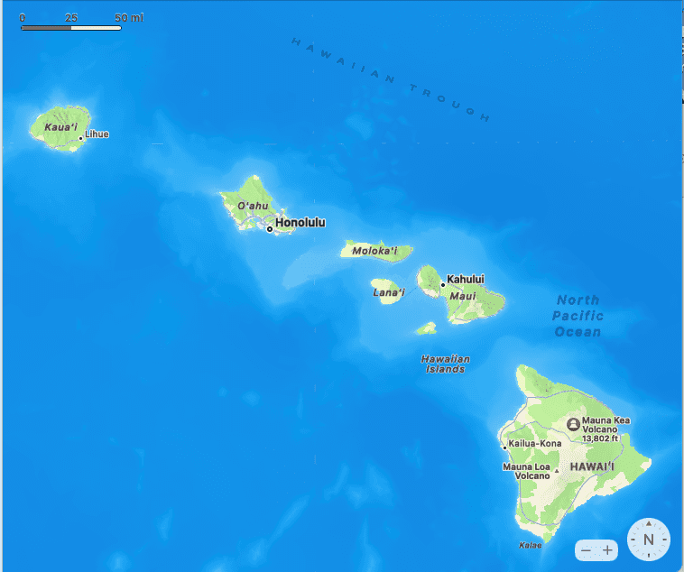 Map of the main Hawaiian islands with markers for key cities and volcanoes, crafted by a Hawaii vacation planner.