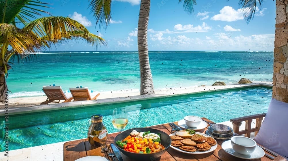 Breakfast on the beach by the pool with a look over the ocean. Generative Ai