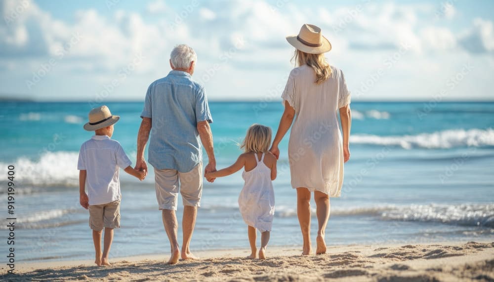 Family walking on a tropical beach holding hands